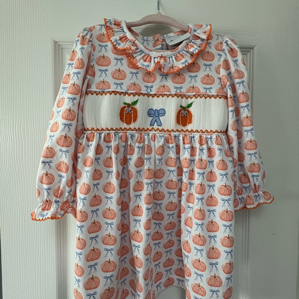 Delaney Pumpkin Patterned Kids Smocked Dress